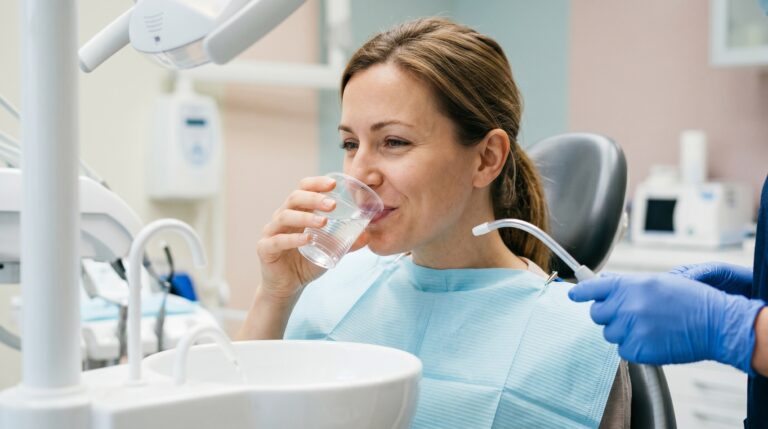 Woman drinking water from a plastic cup at the dentists office